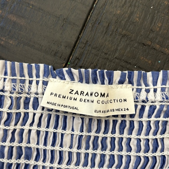 Zara Woman Off Shoulder Shirred Tunic or Mini Dress Coastal Stripe White Blue XS - Picture 4 of 9